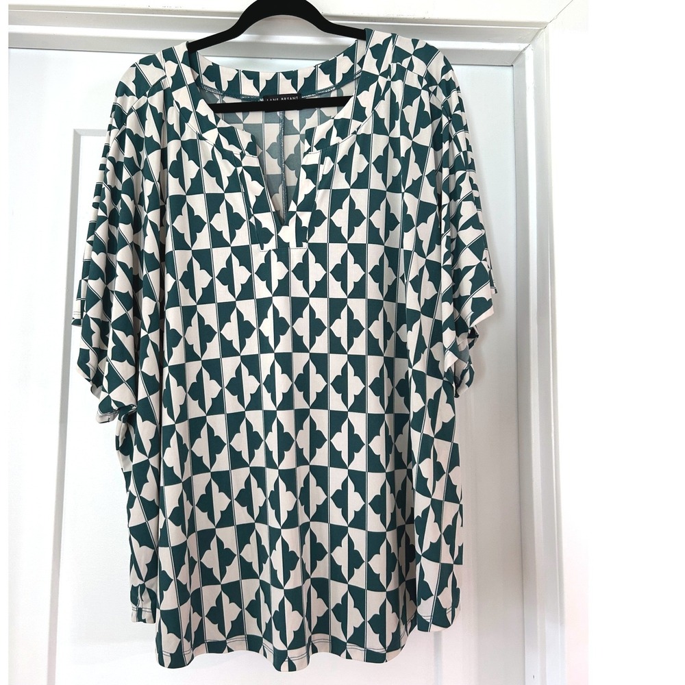 Lane Bryant Womens 22/24 Teal Geometric V-Neck Short Sleeve Blouse Professional